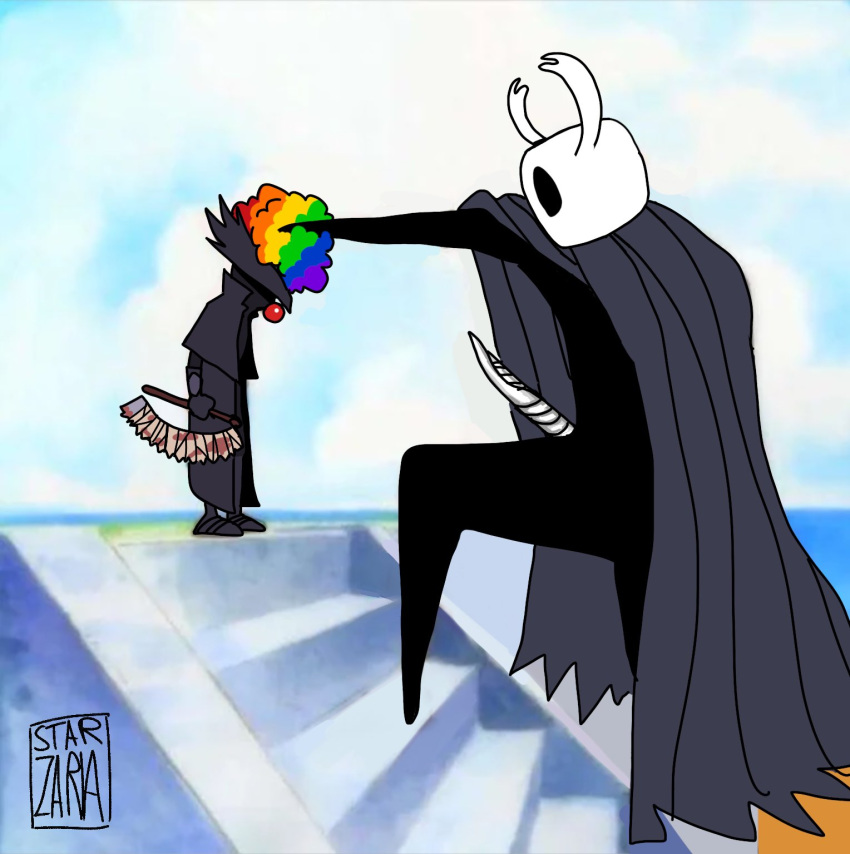 1boy, 1other, ambiguous_gender, artist_name, black_capelet, black_coat, black_skin, bloodborne, capelet, clouds, cloudy_sky, clown_nose, clown_wig, coat, colored_skin, commentary, day, derivative_work, english_commentary, grey_cloak, hand_on_another's_head, hat, highres, holding, holding_weapon, hollow_eyes, hollow_knight, horned_mask, hunter_(bloodborne), knight_(hollow_knight), looking_at_another, looking_down, mask, on_stairs, one_piece, pure_nail_(hollow_knight), saw, saw_cleaver, scene_reference, sky, standing, starzaria, tricorne, weapon