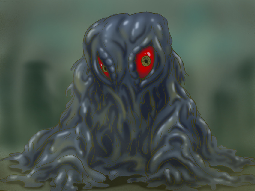 1other, 7736, black_skin, blurry, blurry_background, building, city, colored_sclera, colored_skin, commentary, giant, giant_monster, godzilla_(series), godzilla_vs._hedorah, half-closed_eye, hedorah, kaiju, looking_at_viewer, monster, no_mouth, on_ground, outdoors, red_sclera, slime_(substance), smog, solo, toho_(movie_company), tokusatsu, yellow_eyes