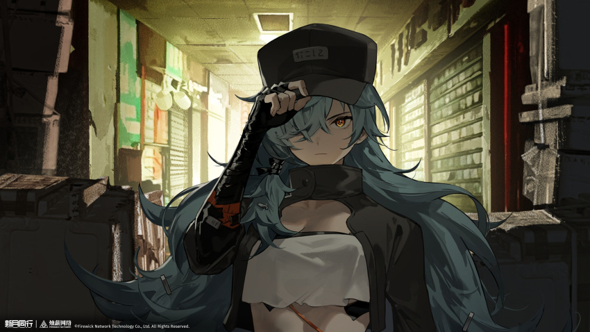 1girl, absurdres, adjusting_clothes, adjusting_headwear, black_gloves, black_hat, black_shirt, blue_hair