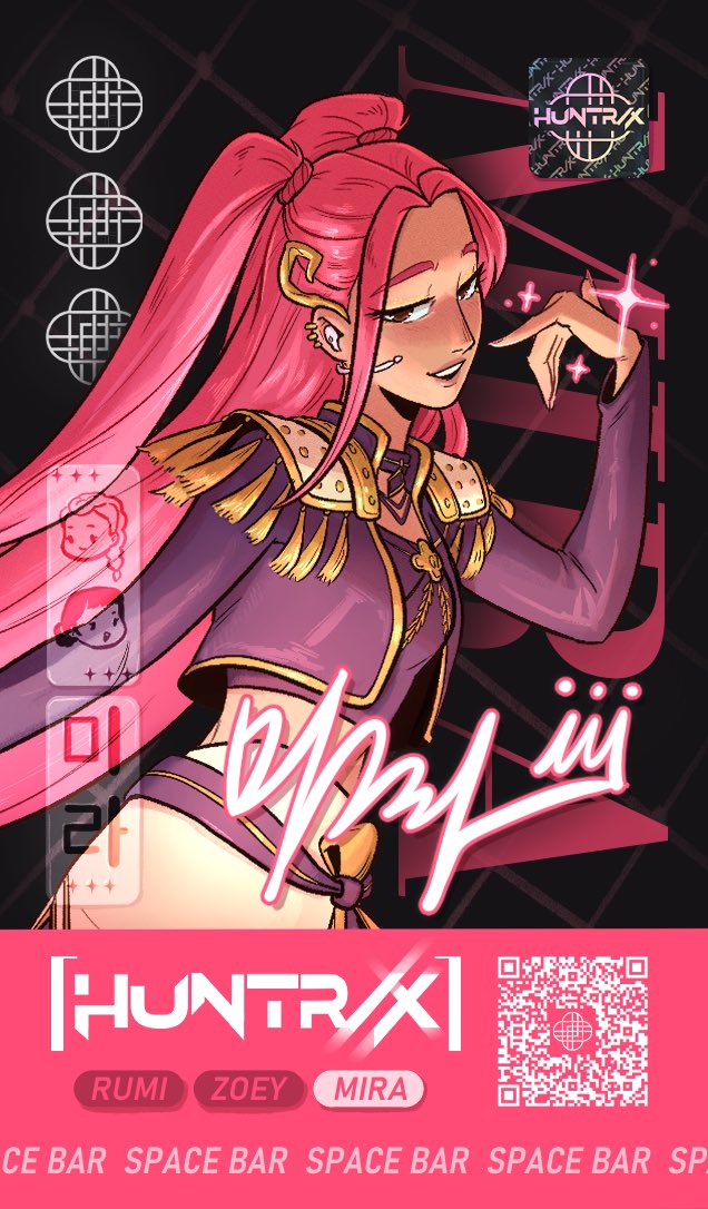 1girl, black_jacket, character_name, commentary, crop_top, cropped_jacket, earpiece, english_commentary, epaulettes, headset, jacket, kpop_demon_hunters, long_hair, looking_at_viewer, mira_(kpop_demon_hunters), pink_hair, sidelocks, smile, sp_ace_bar, twintails