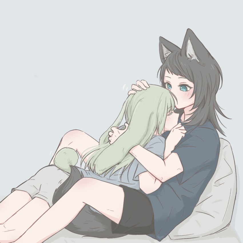 2girls, animal_ears, bang_dream!, bang_dream!_it's_mygo!!!!!, black_hair, black_shirt, black_shorts, blue_eyes, blush, chinese_commentary, closed_eyes, commentary_request, cuddling, cushion, green_hair, grey_background, grey_shirt, grey_shorts, hand_on_another's_back, hand_on_another's_head, highres, kemonomimi_mode, long_hair, multiple_girls, rabbit_ears, rabbit_girl, rabbit_tail, shirt, short_sleeves, shorts, simple_background, tail, wakaba_mutsumi, wolf_ears, wolf_girl, wolf_tail, yahata_umiri, yakaze_(yakaze1604), yuri