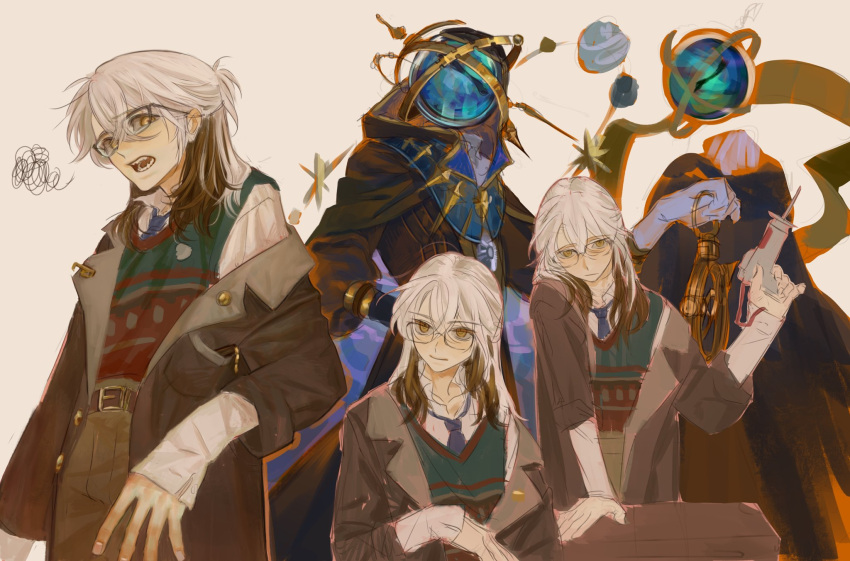 1boy, 1other, black_cape, black_robe, blue_necktie, brown_hair, brown_jacket, brown_shorts