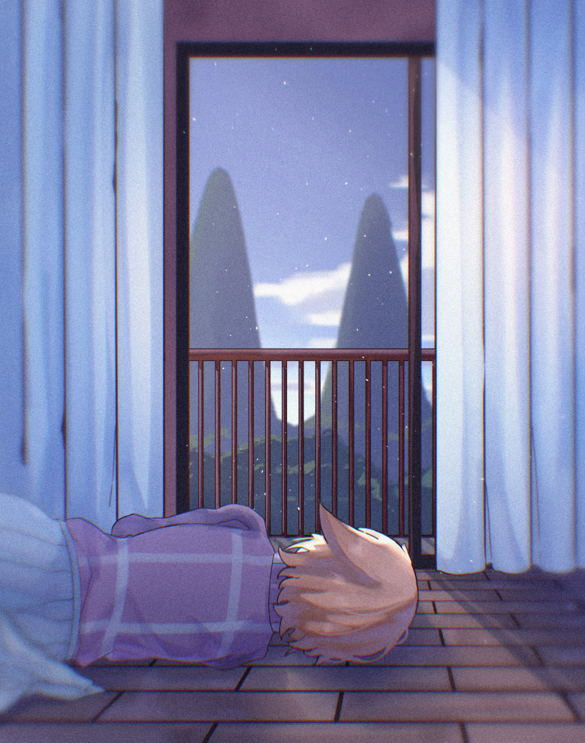 1girl, absurdres, balcony, brown_hair, curtains, hair_flaps, highres, indoors