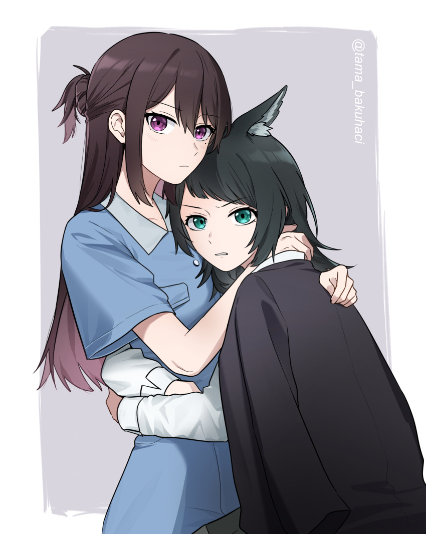 2girls, animal_ear_fluff, animal_ears, arknights, bang_dream!, bang_dream!_it's_mygo!!!!!, black_hair, black_jacket