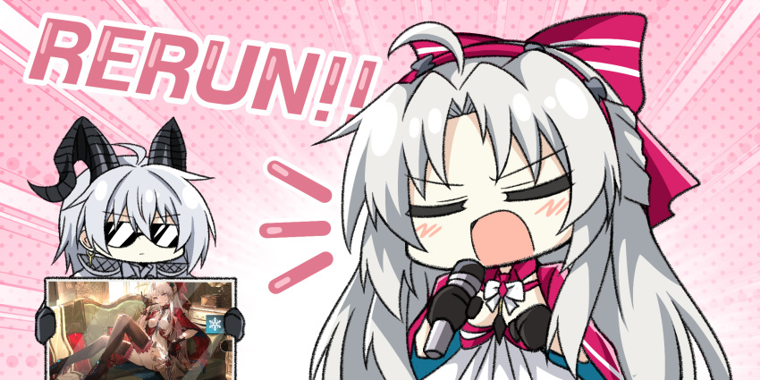 2girls, ahoge, black_gloves, black_horns, bow, carlotta_(wuthering_waves), chibi, chibi_only
