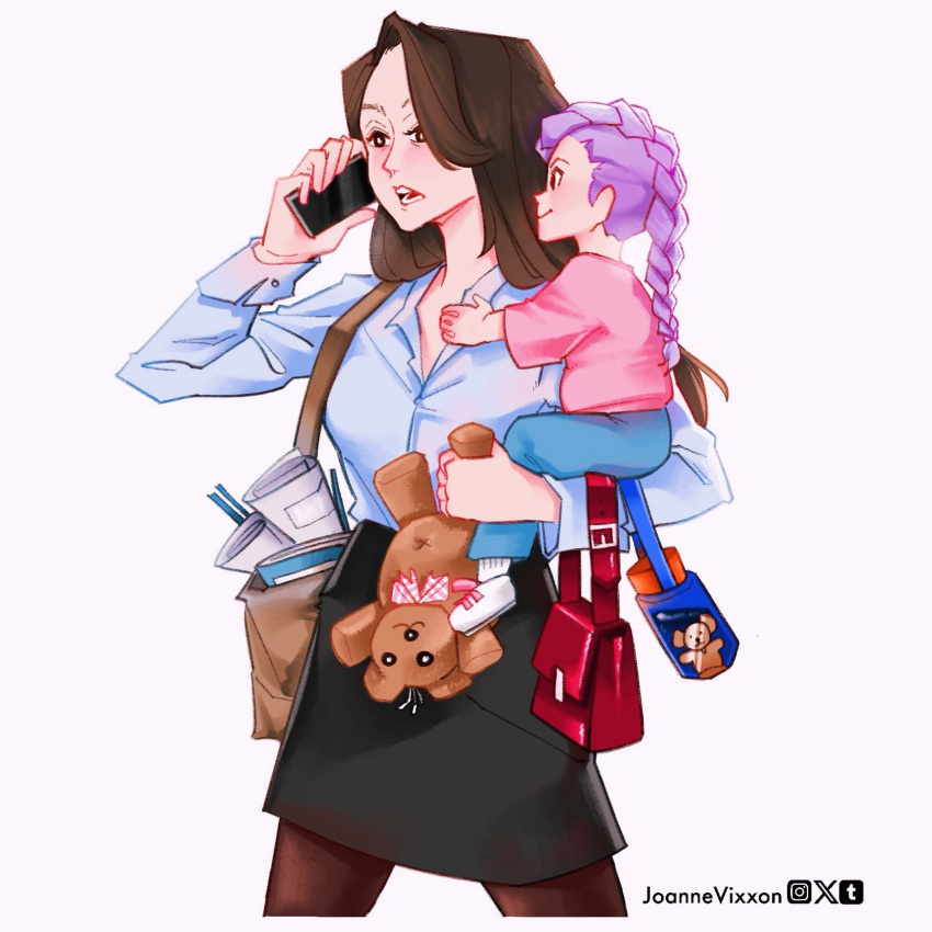 2girls, aged_down, black_skirt, braid, braided_ponytail, brown_hair, celine_(kpop_demon_hunters), child