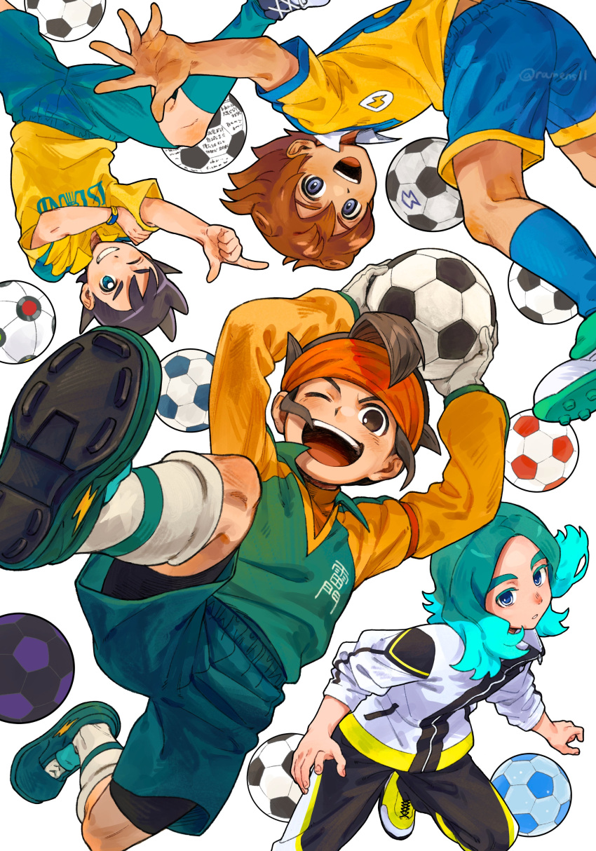 4boys, absurdres, aqua_hair, aqua_pants, aqua_shoes, ball, black_hair, black_pants