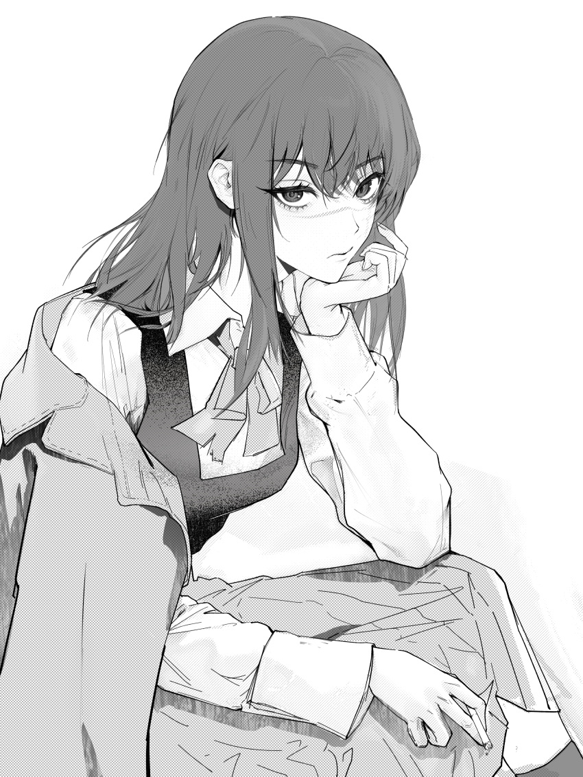 1girl, absurdres, black_dress, chainsaw_man, cigarette, coat, commentary, crosshatching