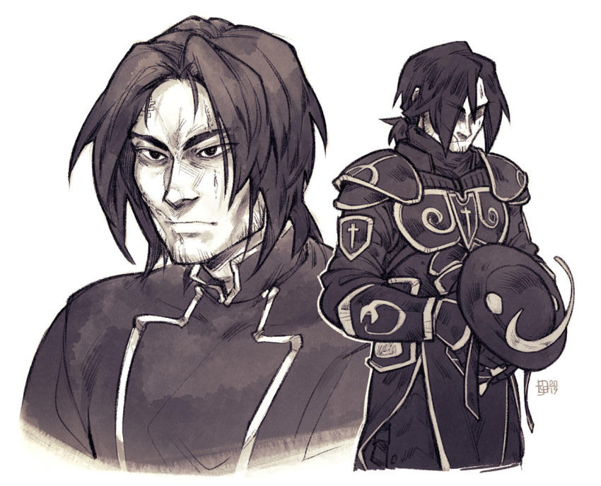 1boy, artist_logo, body_armor, closed_mouth, commentary, crescent, crescent_hat_ornament, cropped_legs