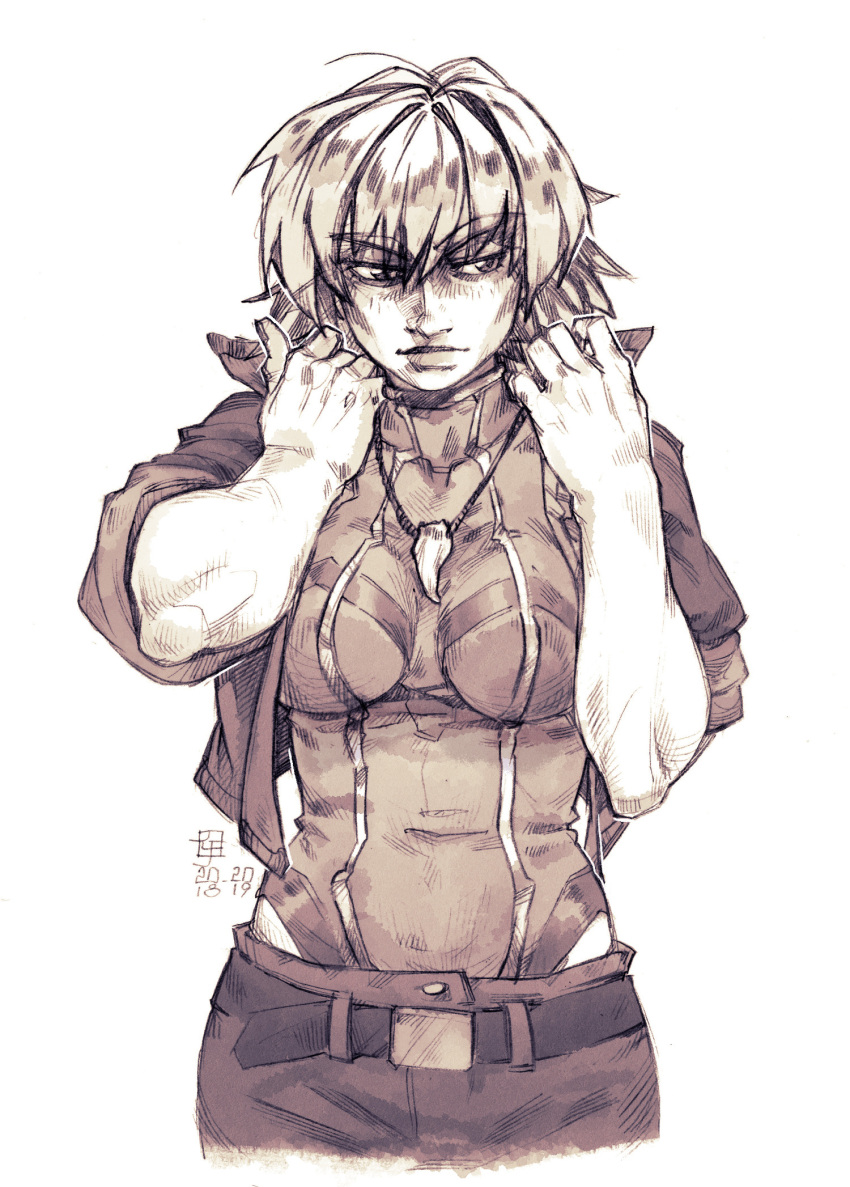 1girl, artist_logo, breasts, commentary, covered_navel, cropped_legs, dated, english_commentary