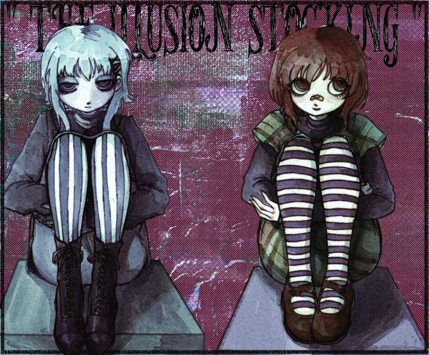 2girls, android, aqua_hair, bandaid, bandaid_on_face, bandaid_on_nose, ben-day_dots, black_boots