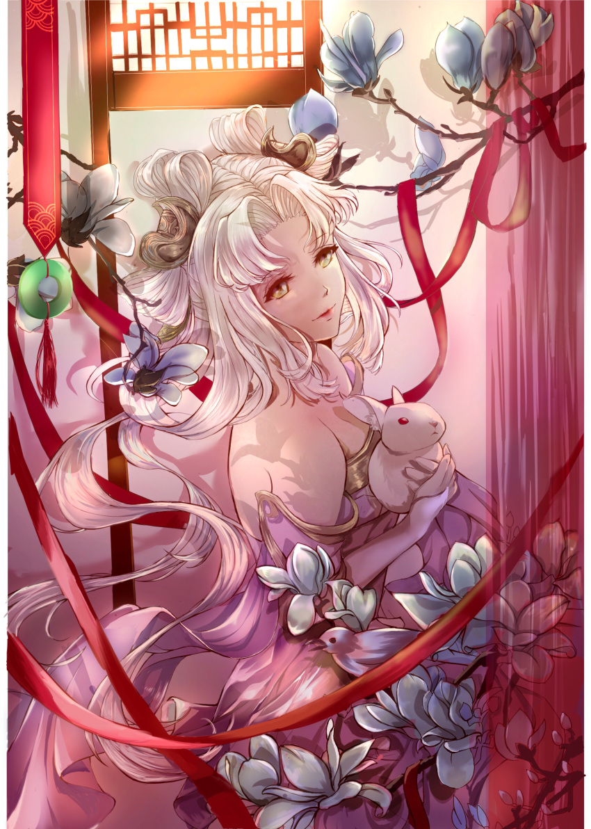 1girl, absurdres, animal, ass_(pixiv_39703734), bare_shoulders, blue_flower, blunt_bangs, bow-shaped_hair, branch, bridal_gauntlets, chang'e_(wangzhe_rongyao), chinese_clothes, closed_mouth, cowboy_shot, day, detached_sleeves, double_bun, dress, eyelashes, floating_hair, flower, hair_bun, hair_flower, hair_ornament, happy, highres, holding, holding_animal, indoors, lattice, lipstick, long_hair, looking_ahead, makeup, parted_bangs, pink_bridal_gauntlets, pink_dress, pink_lips, pink_sleeves, rabbit, red_ribbon, ribbon, short_sleeves, solo, strapless, strapless_dress, sunlight, tassel, very_long_hair, wangzhe_rongyao, white_hair, wide_sleeves, window, yellow_eyes