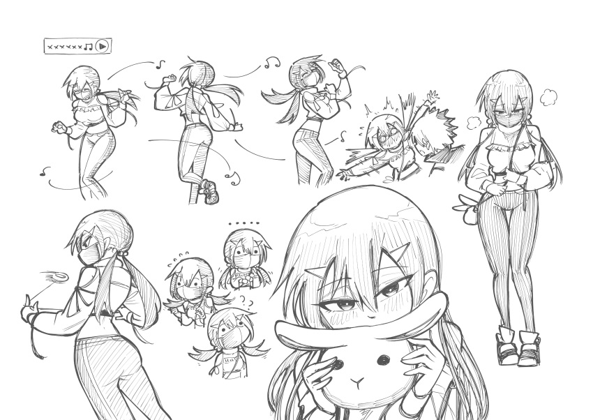 ._., 0_0, 1boy, 1girl, ?, ^^^, absurdres, back_peek, bare_shoulders, beamed_eighth_notes, between_breasts, black_hair, black_mask, breasts, closed_eyes, covering_own_mouth, eighth_note, facing_back, flying_sweatdrops, hair_between_eyes, heavy_breathing, highres, holding_pouch, hyper_yoyo_accel, kana_(hyper_yoyo_accel), leggings, looking_at_viewer, low_twintails, mask, midriff_peek, monochrome, mouth_mask, multiple_views, musical_note, official_art, outstretched_arms, sekai_(hyper_yoyo_accel), shoes, sketch, smile, strap_between_breasts, tonton_manga, twintails