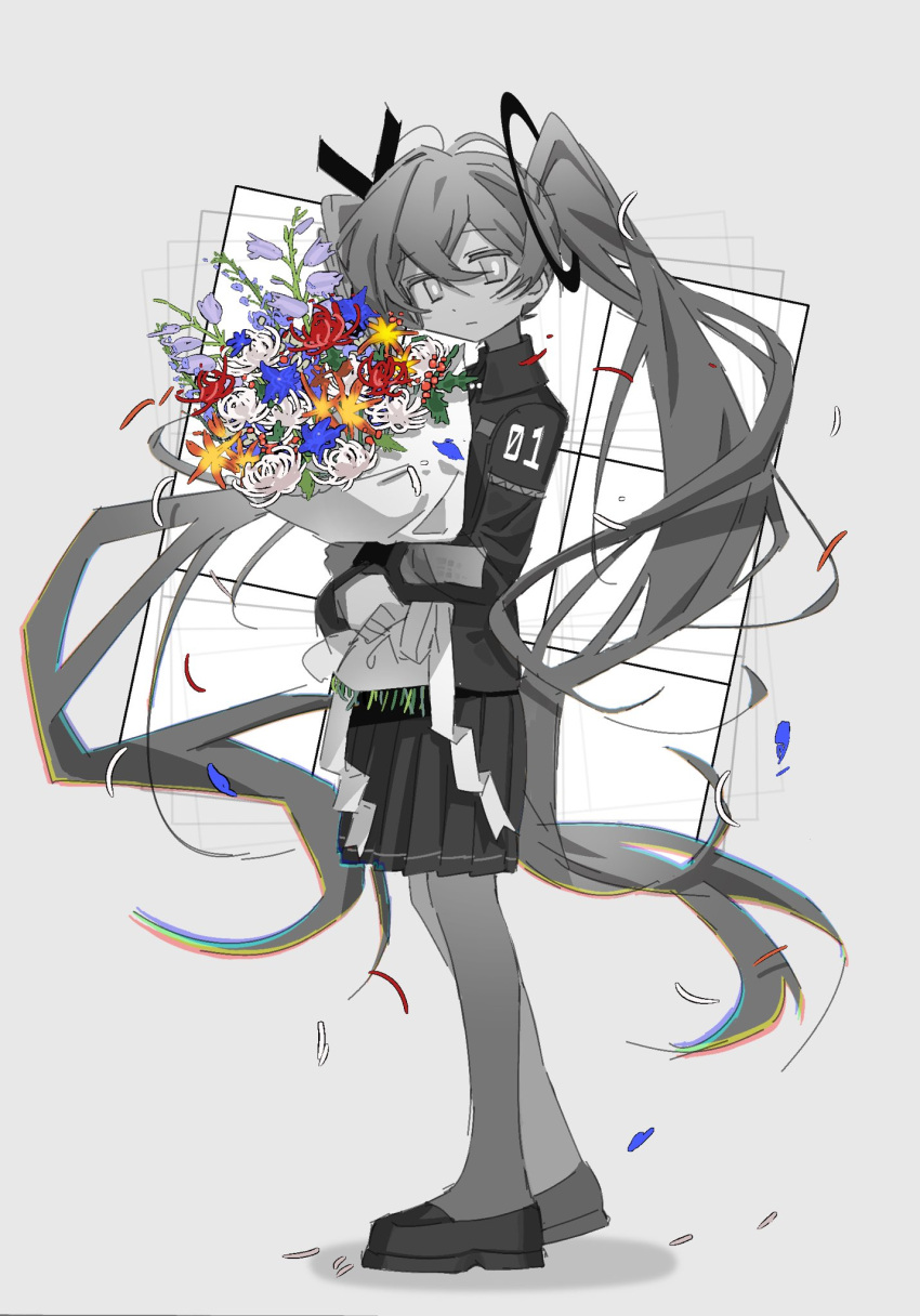 1girl, alternate_costume, blue_flower, bouquet, chill_(chill_meal), chromatic_aberration, closed_mouth, collared_shirt