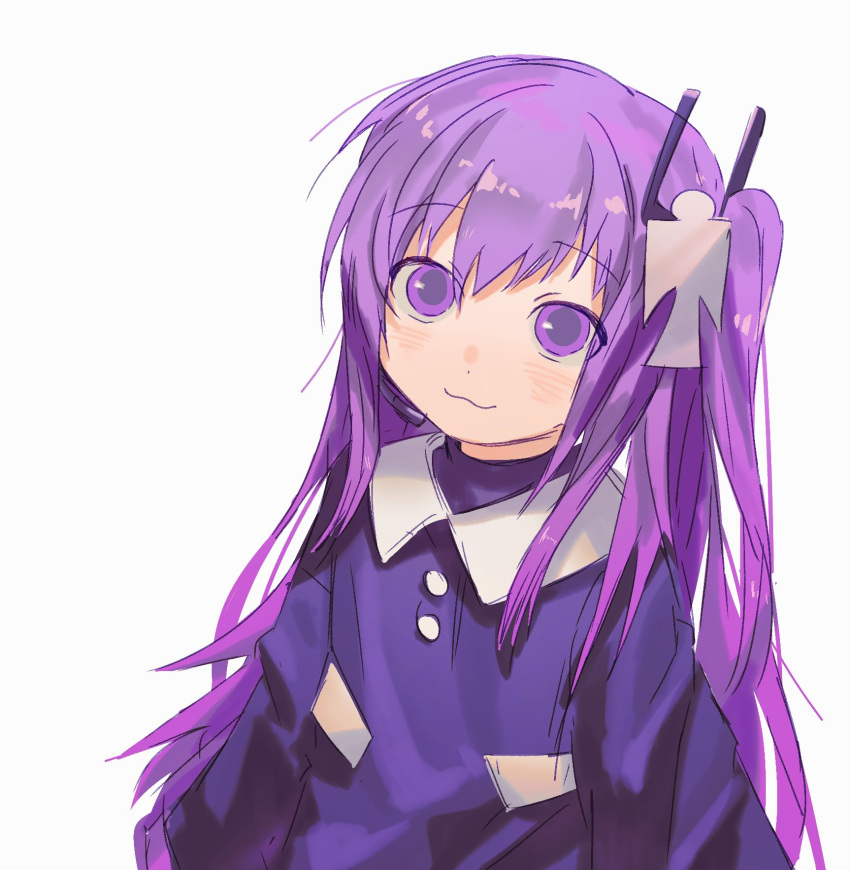 1girl, :3, arms_at_sides, blush, chill_(chill_meal), closed_mouth, dress, hair_ornament, highres, long_hair, long_sleeves, looking_at_viewer, one_side_up, purple_dress, purple_hair, purple_shirt, radio_antenna, shikigami, shirt, simple_background, smile, solo, tsukumo_shion, upper_body, utau, violet_eyes, white_background