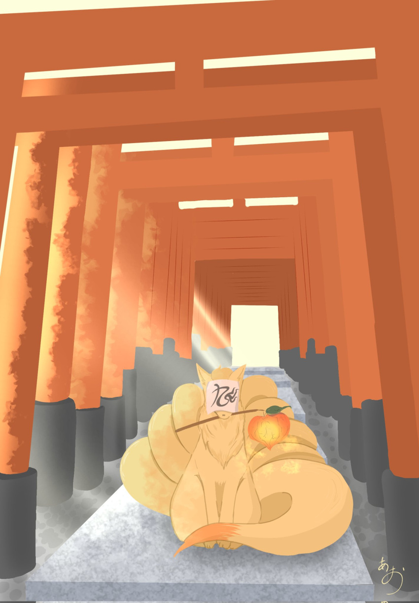 animal_focus, closed_mouth, covered_face, facing_viewer, fox, highres, lantern, multiple_tails