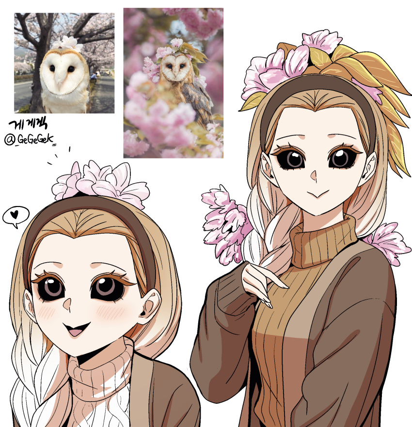 1girl, :>, artist_name, barn_owl, barn_owl_(gegegekman), bird, black_sclera, braid