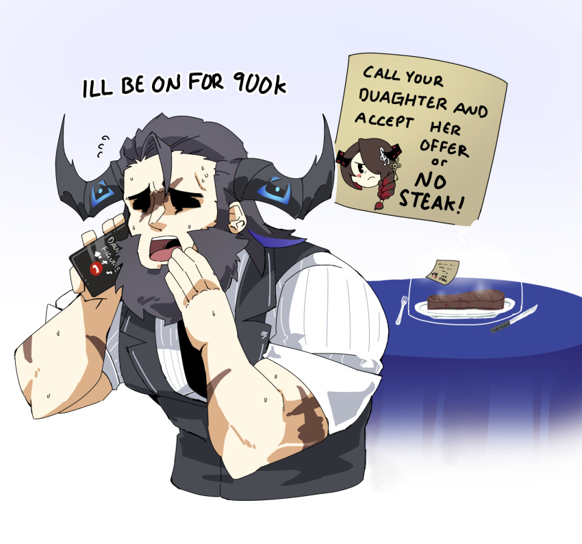1boy, 1girl, beard, black_hair, colored_inner_hair, demon_horns, english_text, facial_hair