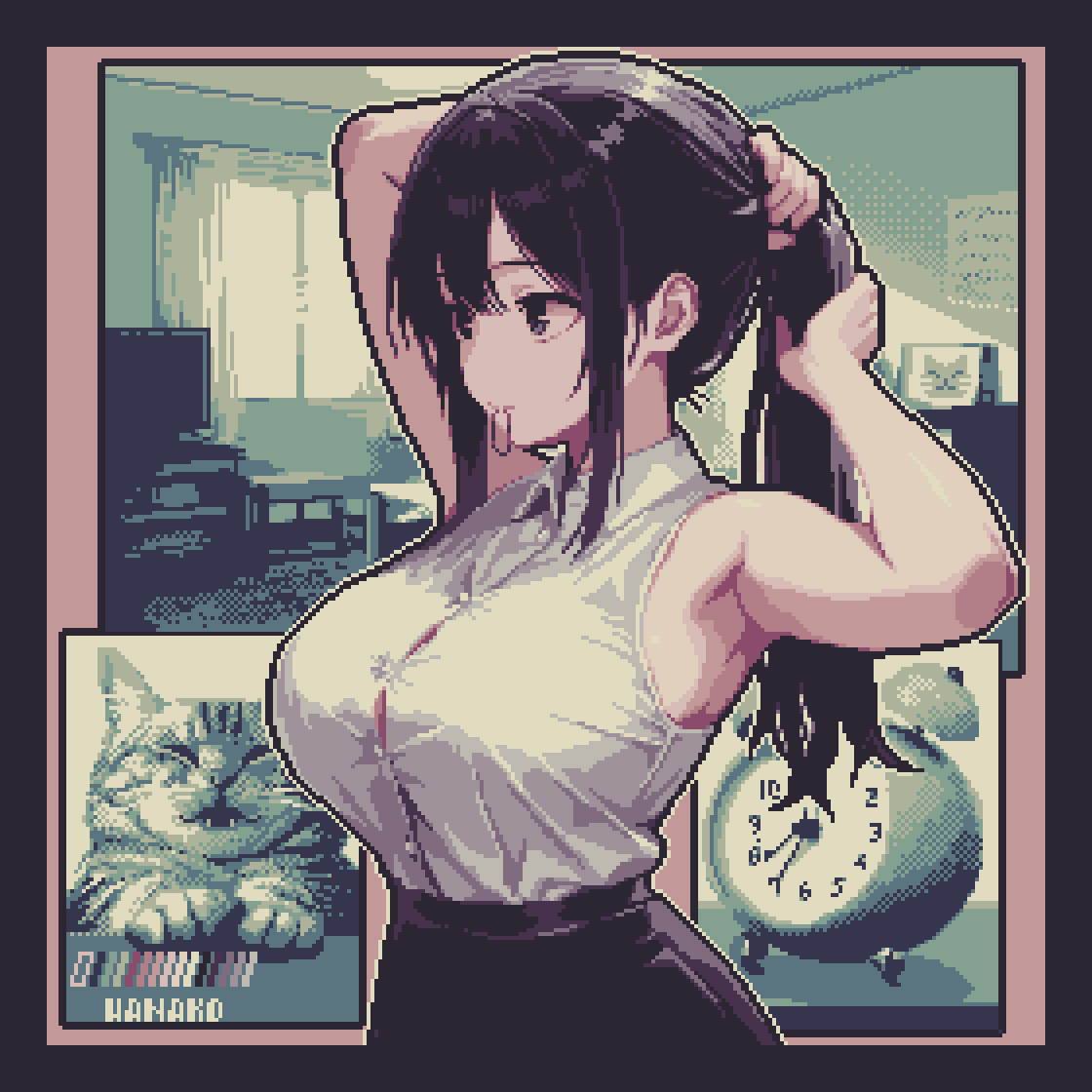 1girl, alarm_clock, armpits, arms_behind_head, arms_up, black_eyes, black_hair, black_skirt