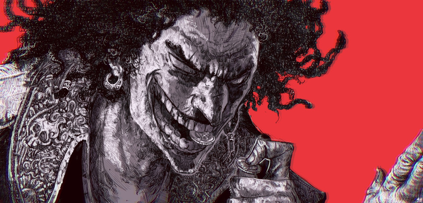 1boy, adam's_apple, black_hair, coin, coin_in_mouth, curly_hair, earrings, greyscale_with_colored_background