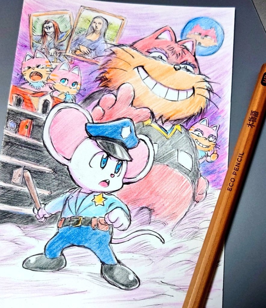 2boys, 3others, animal_ears, animal_nose, art_tools_in_frame, baby_animal, badge, baton_(weapon)