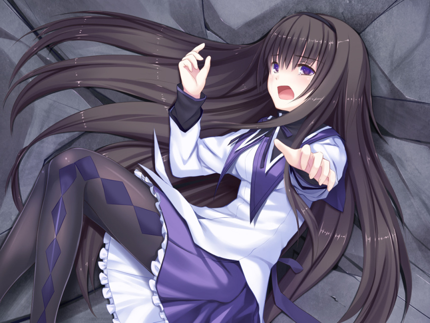 1girl, akemi_homura, argyle, argyle_legwear, black_hair, black_legwear, capelet, hairband, long_hair, magical_girl, mahou_shoujo_madoka_magica, pantyhose, pleated_skirt, purple_eyes, reaching, ribbon, skirt, solo, soumi_shizuru, tears, violet_eyes