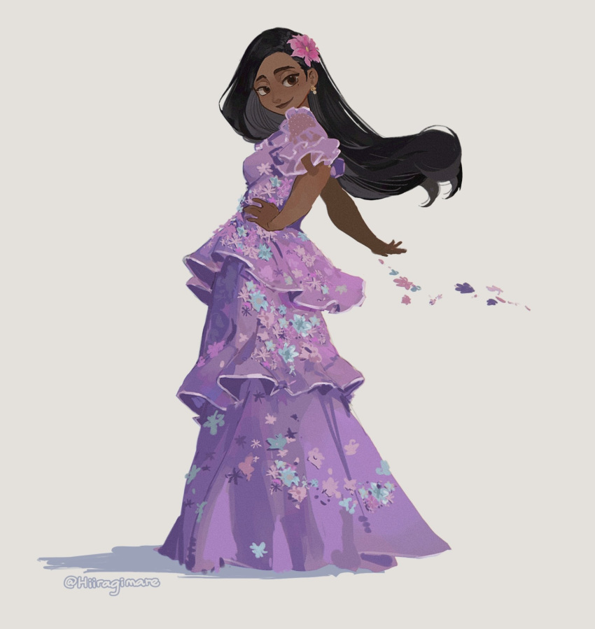 1girl, black_hair, brown_eyes, commentary, dark-skinned_female, dark_skin, dress, earrings