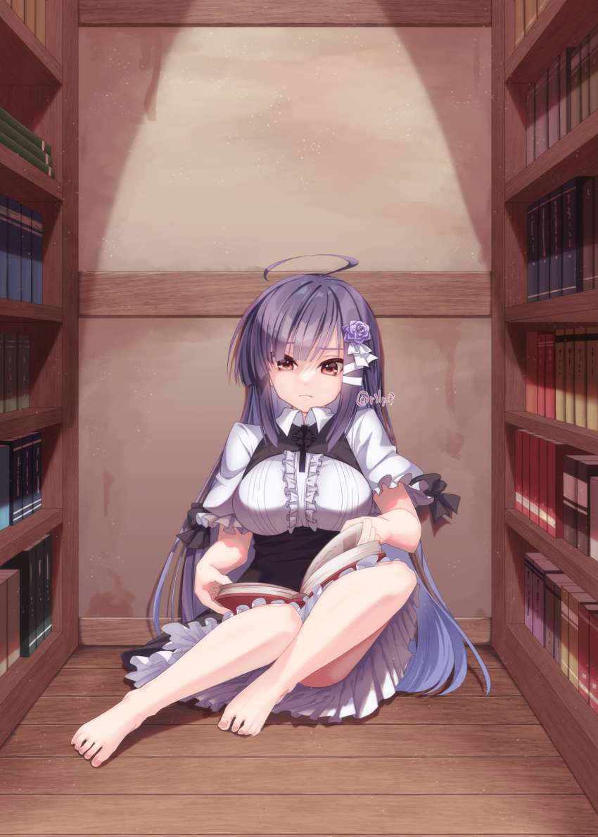 1girl, ahoge, barefoot, black_hair, black_skirt, blunt_bangs, blunt_ends, book, bookshelf, breasts, center_frills, collared_shirt, commentary, convenient_leg, feet, flower, frilled_skirt, frilled_sleeves, frills, full_body, hair_flower, hair_ornament, hair_ribbon, high-waist_skirt, highres, himawari_no_kyoukai_to_nagai_natsuyasumi, hime_cut, huge_ahoge, indoors, large_breasts, library, long_hair, looking_down, on_floor, open_book, puffy_short_sleeves, puffy_sleeves, purple_flower, purple_rose, reading, ribbon, ririi_(ai-my_talikng), rose, sagitsuki_ruka, shirt, short_sleeves, sidelocks, sitting, skirt, solo, straight_hair, toenails, toes, tress_ribbon, upskirt, very_long_hair, white_ribbon, white_shirt, wooden_floor, yokozuwari
