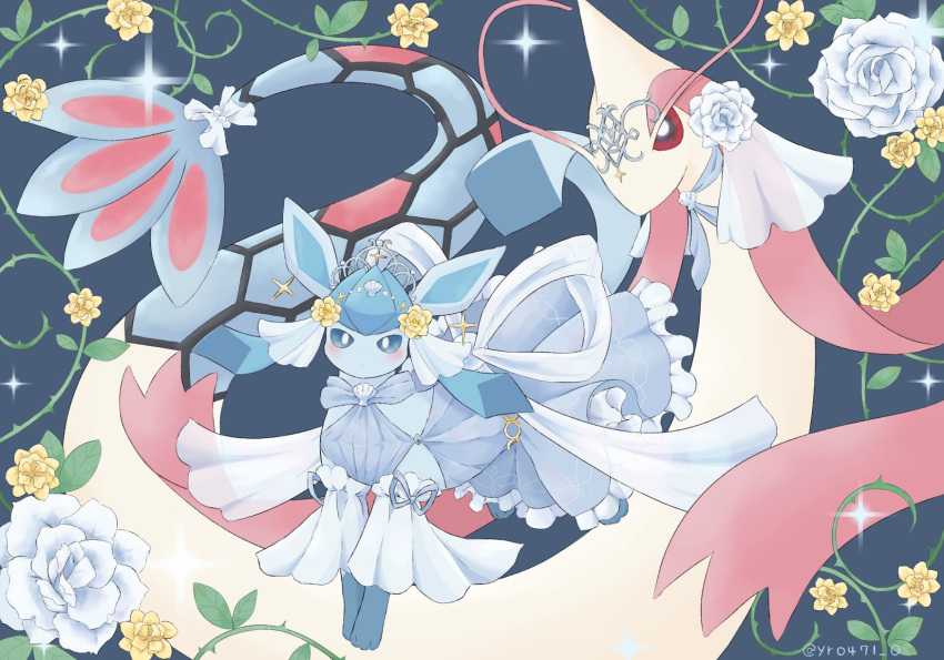 animal_focus, blue_background, blue_dress, blue_eyes, blush, clothed_pokemon, commentary_request, dress