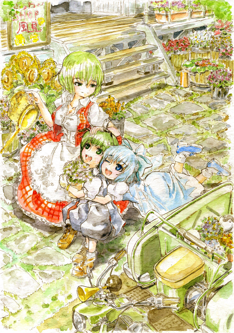 blue_dress, blue_eyes, blue_hair, bow, cirno, dress, flower, flower_shop, green_eyes, green_hair, hair_bow, hand_on_head, highres, hug, hug_from_behind, kazami_yuuka, master_(4th), multiple_girls, open_mouth, shop, smile, stairs, sunflower, touhou, trike, watering_can, wings, wriggle_nightbug, youkai