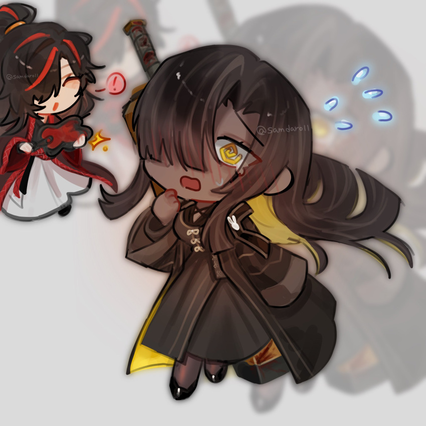 !, 2girls, @_@, black_coat, black_hair, black_hanfu, black_pantyhose, black_shoes