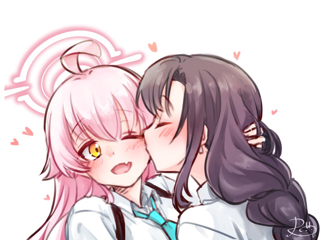 2girls, ahoge, black_hair, blue_archive, blue_necktie, blush, collared_shirt, fang, female_sensei_(blue_archive), from_side, halo, heart, hoshino_(blue_archive), kiss, kissing_cheek, long_hair, multiple_girls, necktie, one_eye_closed, open_mouth, pink_hair, pink_halo, rarasa_(rarasa), sensei_(blue_archive), shirt, simple_background, skin_fang, smile, white_background, white_shirt, yellow_eyes, yuri