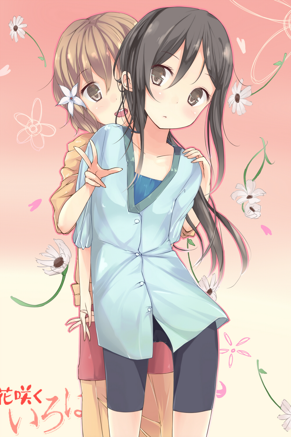 bad_hands, black_hair, blonde_hair, blush, brown_eyes, flower, haine, hair_flower