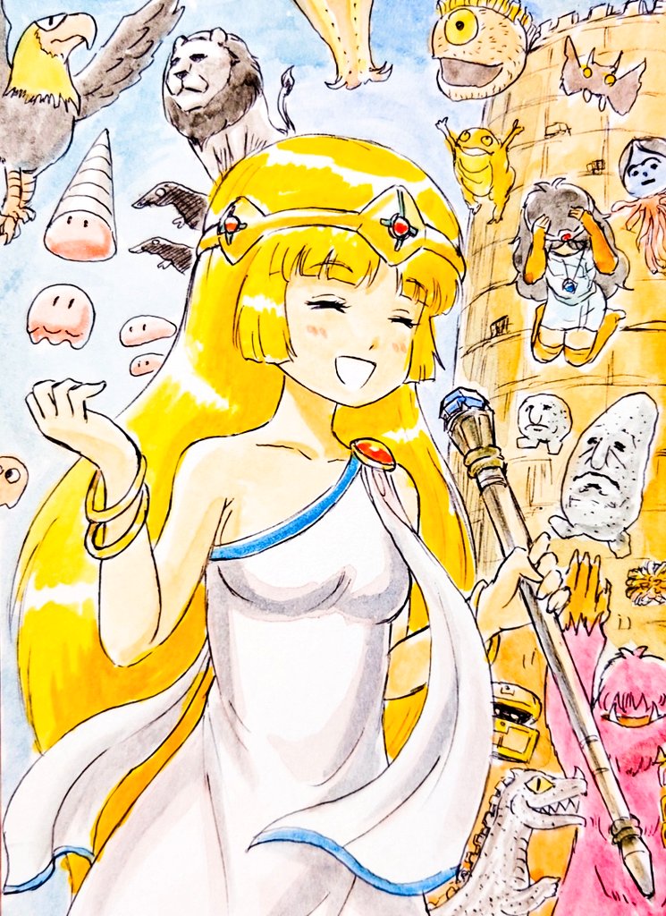 2girls, bat_(animal), bird, black_hair, blonde_hair, blue_sky, bracelet, breasts