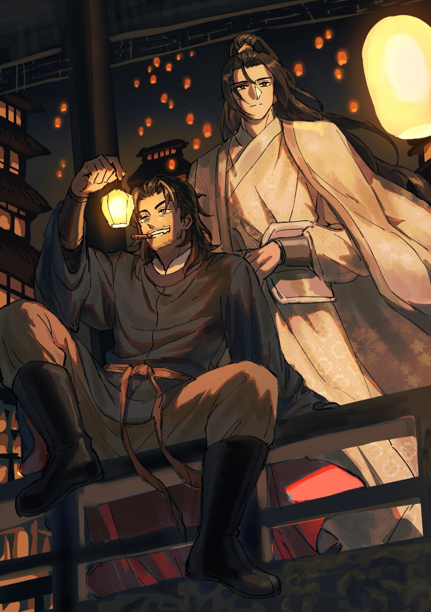 2boys, :d, alternate_costume, baggy_pants, beard_stubble, black_boots, black_eyes, black_hair