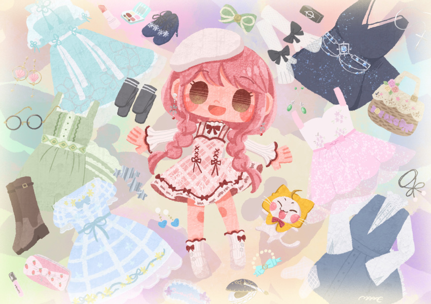 1girl, ^_^, absurdres, ahoge, animal, ankle_socks, basket, beret