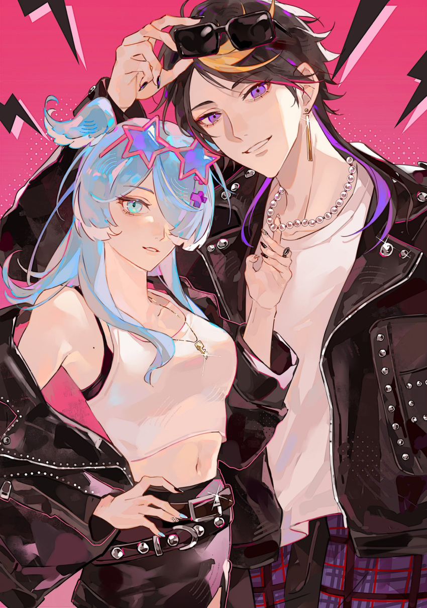 1boy, 1girl, bead_necklace, beads, black-framed_eyewear, black_hair, black_jacket, black_shorts