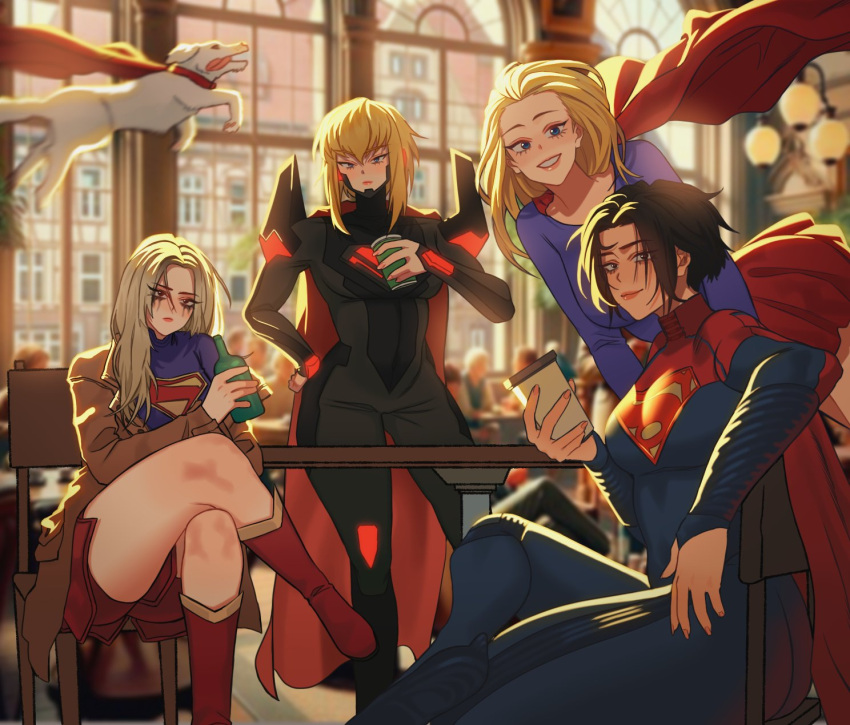 1_bittersweet_1, 4girls, animal, armor, black_armor, blonde_hair, blue_eyes, boots, brown_jacket, cape, chair, commentary, crossed_legs, cup, dc_comics, dc_extended_universe, dc_universe_(franchise), disposable_cup, dog, english_commentary, flying, grin, highres, indoors, jacket, krypto_the_superdog, lips, long_hair, looking_at_viewer, multiple_girls, my_adventures_with_superman, open_clothes, open_jacket, pink_lips, red_boots, red_cape, short_hair, sitting, smile, supergirl, supergirl_(2015), superhero_costume, superman_(2025), superman_(series), the_flash_(movie), white_dog, window