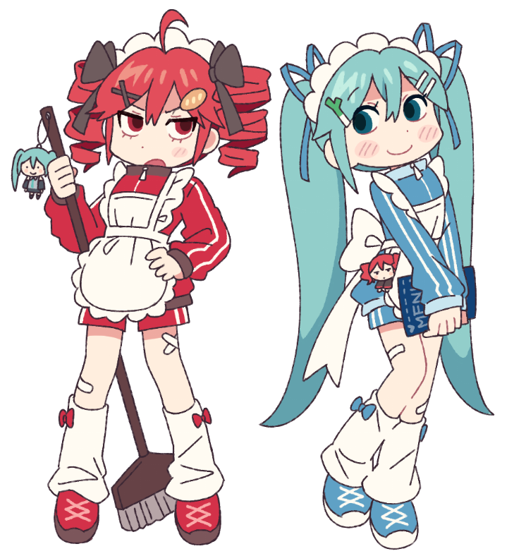 2girls, ahoge, alternate_costume, apron, aqua_eyes, aqua_hair, back_ribbon, bandaid
