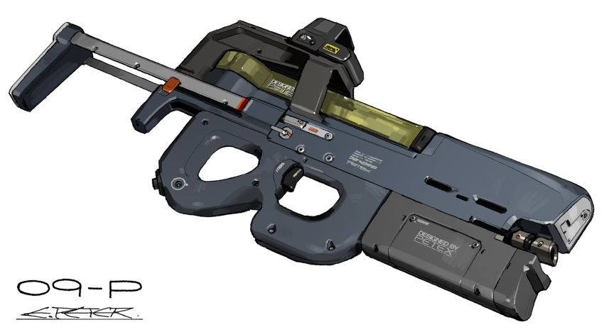 artist_name, bullpup, commentary_request, english_text, gun, highres, no_humans, object_focus