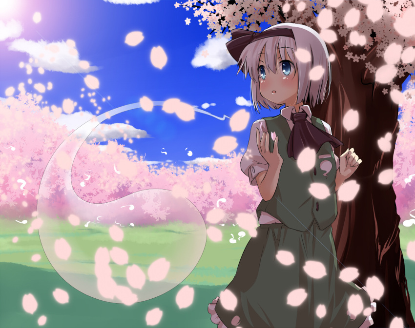 ascot, blue_eyes, blue_sky, cherry_blossoms, cloud, clouds, dress, ghost