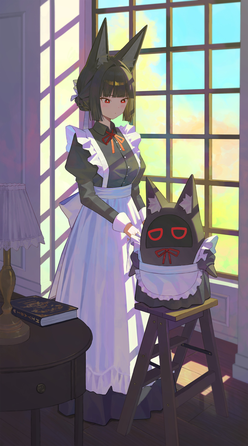 1girl, 1other, absurdres, animal_ear_fluff, animal_ears, apron, bangboo_(zenless_zone_zero), black_hair, black_shirt, blush, book, closed_mouth, commentary_request, crro, fox_ears, fox_girl, helping, highres, hoshimi_miyabi, ladder, lamp, maid, maid_headdress, miyaboo_(zenless_zone_zero), red_eyes, red_ribbon, ribbon, shirt, solo, standing, table, window, zenless_zone_zero