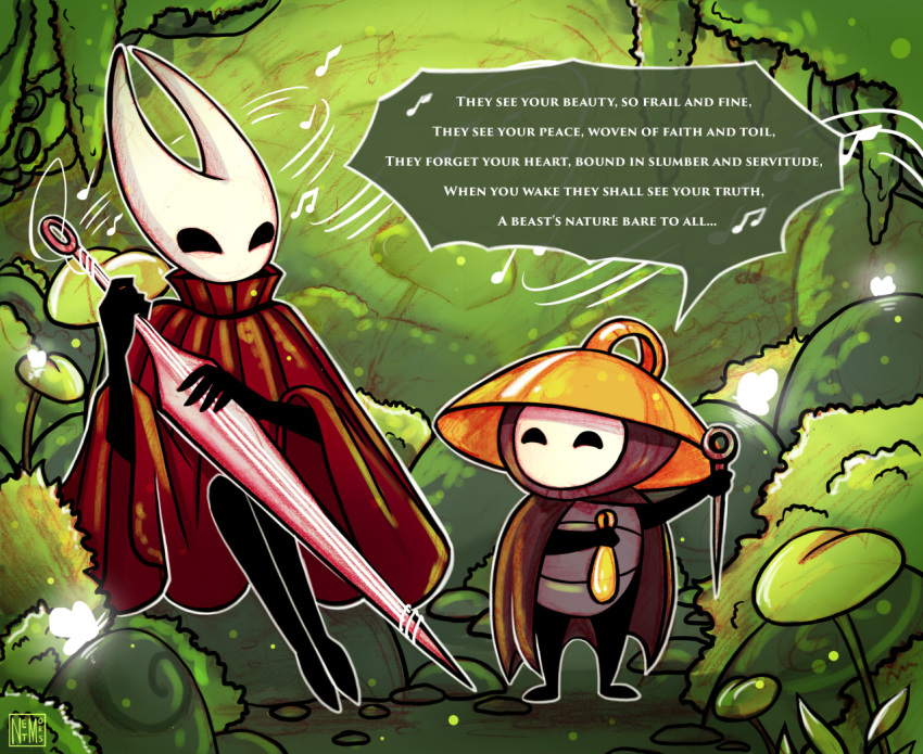 1boy, 1girl, arthropod_girl, bug, cloak, english_text, hat, hollow_knight