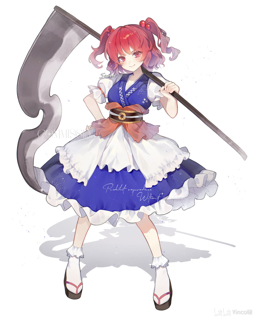 1girl, absurdres, blue_dress, dress, frilled_dress, frills, highres, holding, holding_scythe, looking_at_viewer, onozuka_komachi, puffy_short_sleeves, puffy_sleeves, red_eyes, red_hair, scythe, short_sleeves, smile, solo, tabi, touhou, twintails, two_side_up, white_background, yinco