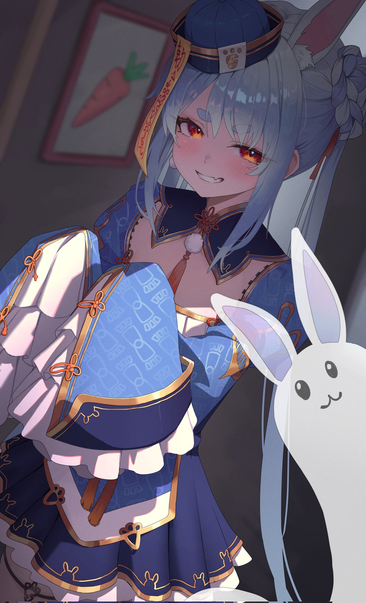 1girl, animal_ears, blue_dress, blue_hair, blue_hat, braid, braided_bun, don-chan_(usada_pekora)