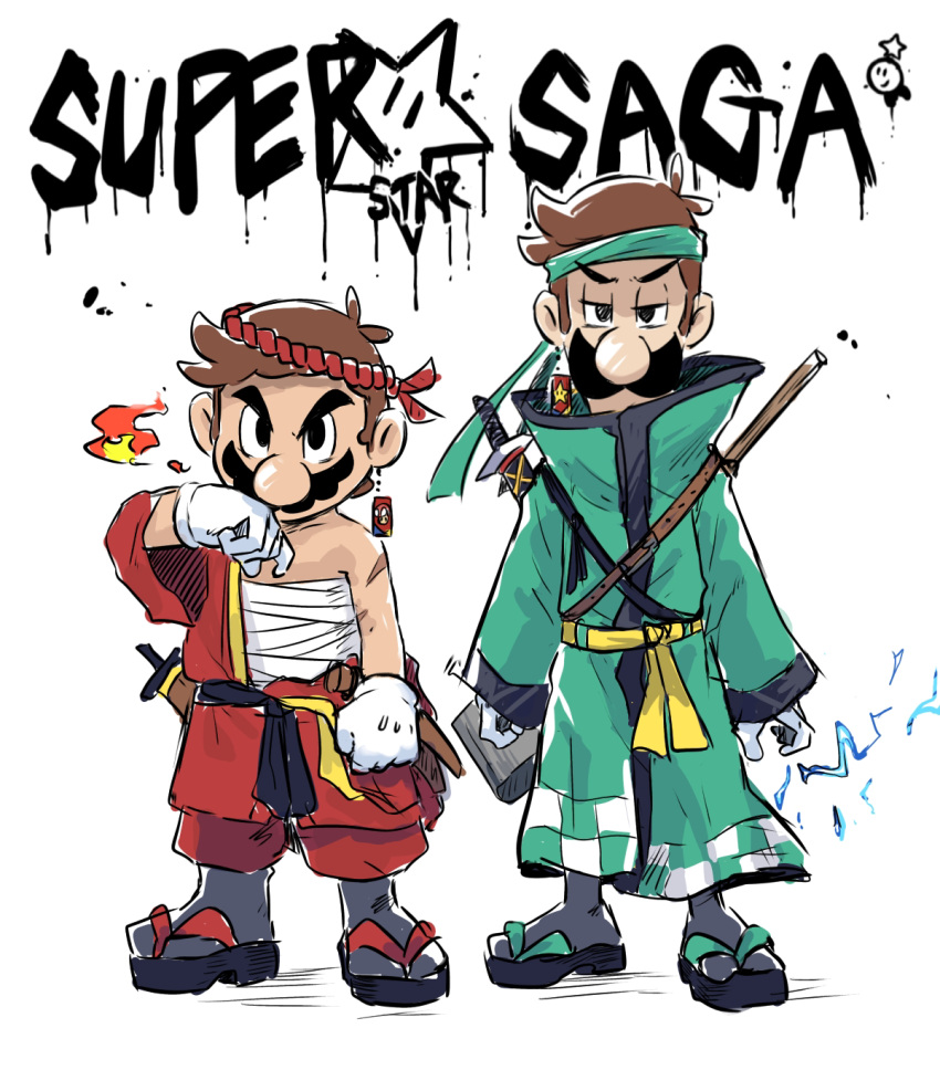 2boys, alternate_costume, black_eyes, brothers, brown_hair, coat, copyright_name, electricity, english_text, facial_hair, fire, gloves, green_coat, green_headband, hand_up, headband, highres, japanese_clothes, long_sleeves, looking_at_viewer, luigi, male_focus, mario, mario_&amp;_luigi:_superstar_saga, mario_&amp;_luigi_rpg, multiple_boys, mustache, red_headband, sandals, sarashi, short_hair, siblings, side-by-side, simple_background, standing, star_(symbol), starlow, super_mario_bros., super_star_(mario), tabi, white_background, white_gloves, yamari_(ya_mari_6363)