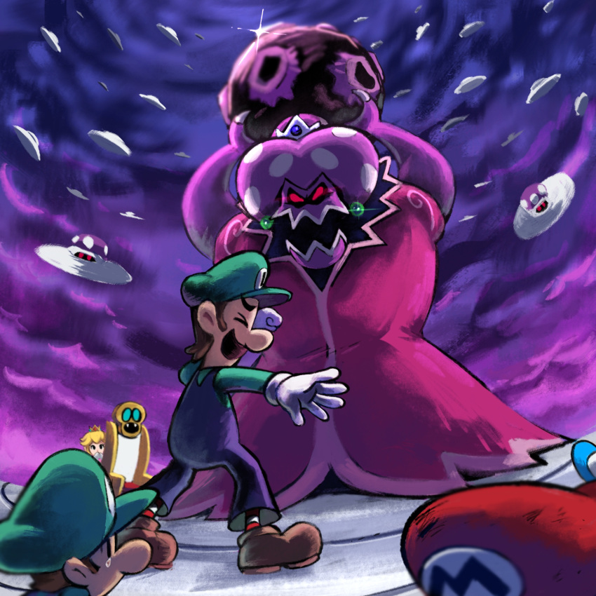 2girls, 4boys, baby_luigi, baby_mario, blonde_hair, blue_overalls, boots, boss_fight, brown_boots, brown_hair, closed_eyes, crown, dress, earrings, elder_princess_shroob, facial_hair, gloves, green_hat, hat, highres, jewelry, luigi, mario, mario_&amp;_luigi:_partners_in_time, mario_&amp;_luigi_rpg, masanori_sato_(style), meteor, multiple_boys, multiple_girls, mustache, newsboy_cap, open_mouth, overalls, princess_peach, purple_clouds, purple_dress, purple_sky, red_eyes, red_hat, short_hair, shroob_saucer, sky, socks, sphere_earrings, stone_floor, striped_clothes, striped_socks, super_mario_bros., white_gloves, yamari_(ya_mari_6363)