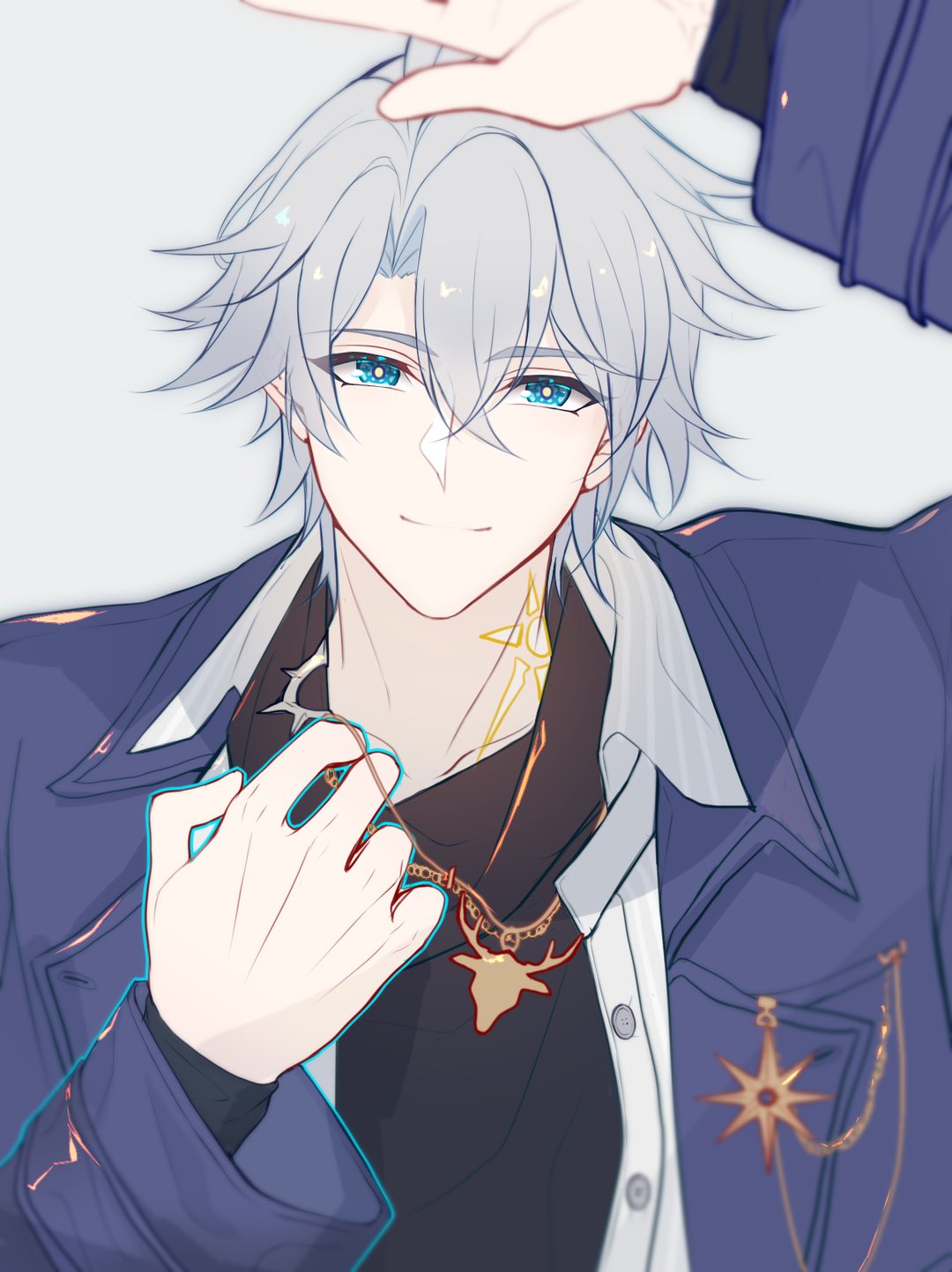 1boy, antenna_hair, aqueasirius, arm_up, black_sweater, blue_coat, blue_eyes, closed_mouth