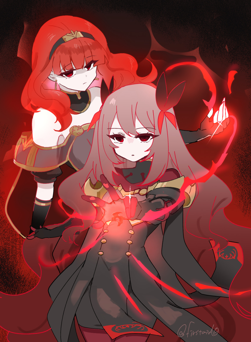 2girls, aura, blonde_hair, butterfly_hair_ornament, celica_(emblem)_(fire_emblem), celica_(fire_emblem), celine_(fire_emblem), commentary_request