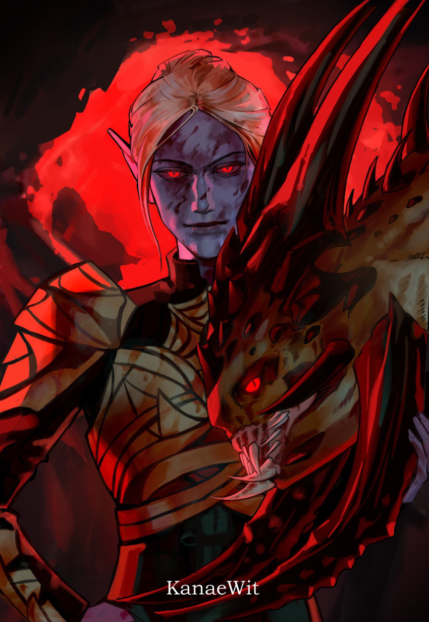 1girl, armor, artist_name, baldur's_gate, baldur's_gate_3, blonde_hair, blood, blood_on_face